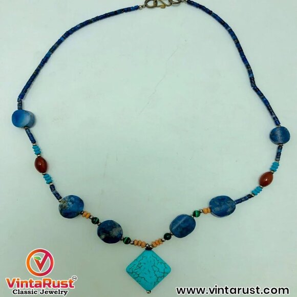 Lapis and Turquoise Beaded Necklace, Handmade Vintage Beaded Necklace - Picture 8 of 12
